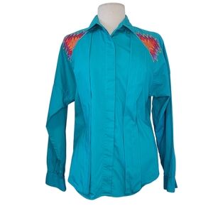 VTG Wrangler 100% Cotton Teal Button Down Shirt Embroidered Accents Shirt M